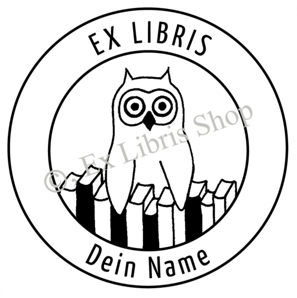 Exlibris Rundstempel •Eule und Bibliothek•